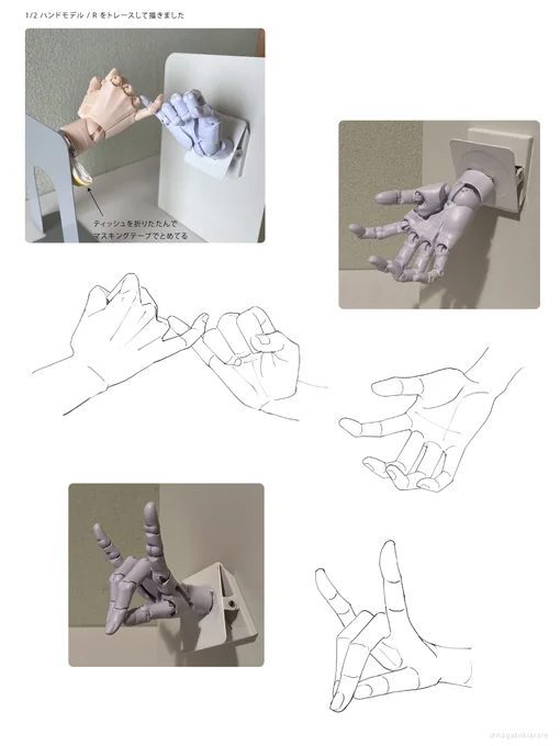 ハンドモデルの写真をトレースして描いてみました
1/2と1/1との比較?も置いておきます 