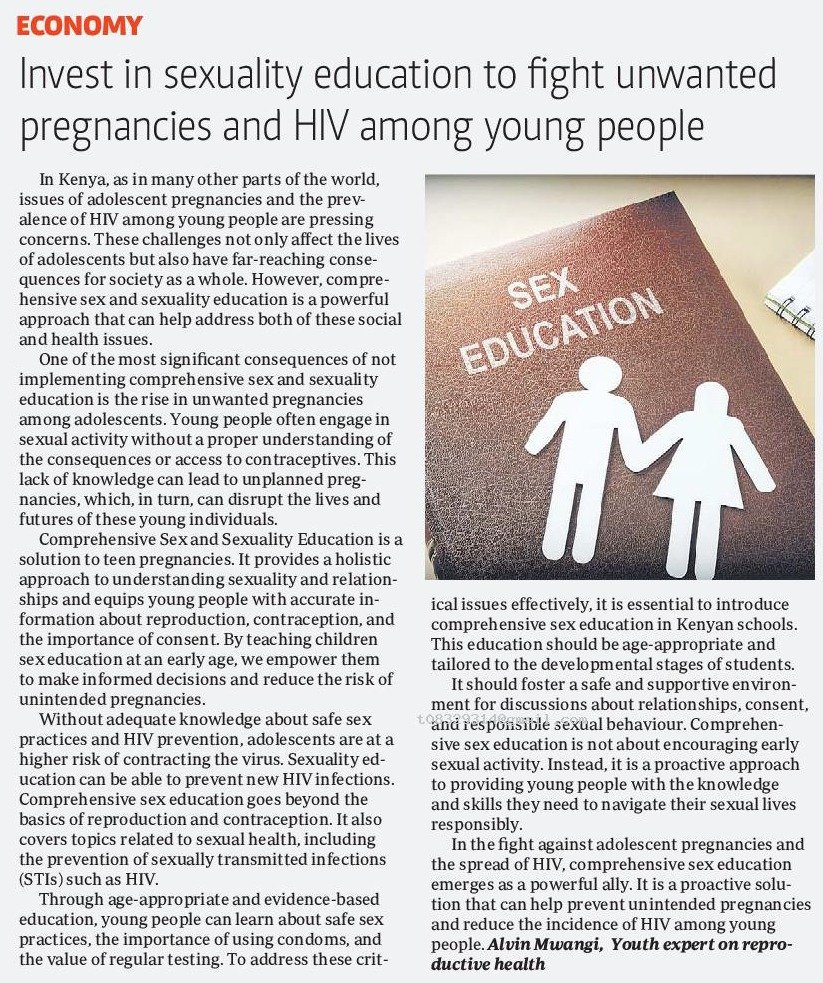 Read my opinion in Today's <a href="/StandardKenya/">The Standard Digital</a> on the need to Invest in Sexuality Education to fight Unwanted Pregnancies, HIV, Unsafe Abortion, SGBV!
As a preventative approach, Sex Ed is important to manage/address social/health issues among Adolescents &amp; Youth #SexualityEducationKe