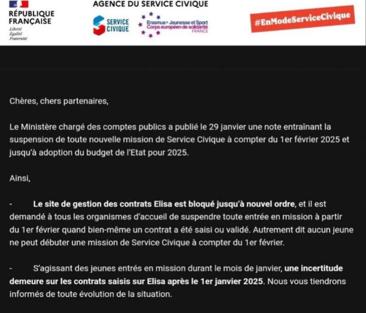 Le plus grand plan de licenciement  de jeunes : les recrutements en service civique sont annulés du jour au lendemain.   

Et pour ceux encore en poste ? On ne sait pas.  

C’est ce que le gouvernement annonce par un simple mail. La violence de ce gouvernement est sans limite.