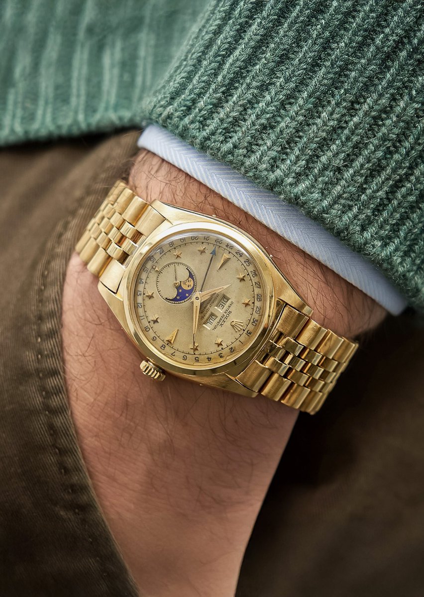 hairspringwatch's tweet image. Finds. A Stelline Dial 6062, the only complete calendar Rolex ever made in an Oyster case. Made for just 3 short years, a little over a hundred are known. It’s not often one shows up outside of auction, but here we are. The parchment, almost dore, tone here is fabulous. One of…