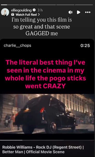 📱 @EllieGoulding shows love to <a href="/robbiewilliams/">Robbie Williams</a> biopic "Better Man" in Instagram story:

"I'm telling you this film is so great and that scene GAGGED me".