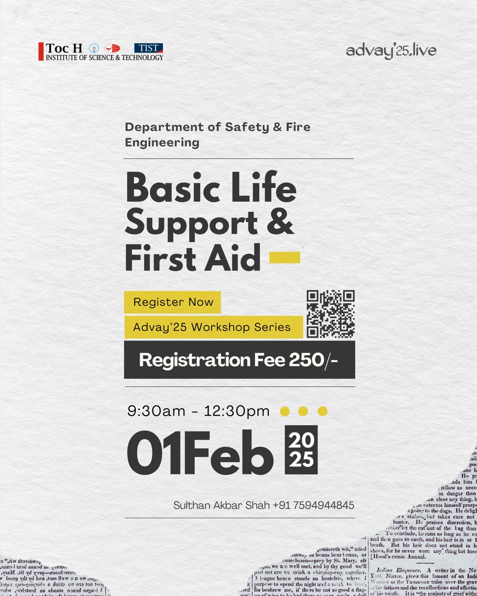 tochkochi's tweet photo. We're excited to announce that the Department of Safety & Fire Engineering, is hosting an offline workshop titled "Basic Life Support & First Aid"
🗓️ Date: 1st February 2025(Saturday)
🕑 Time: 9:30 AM to 12:30 PM
💵 Registration Fee: Rs. 250/-
🌐 Aid #BLS #advay https://t.co/tpdM7jw1nS