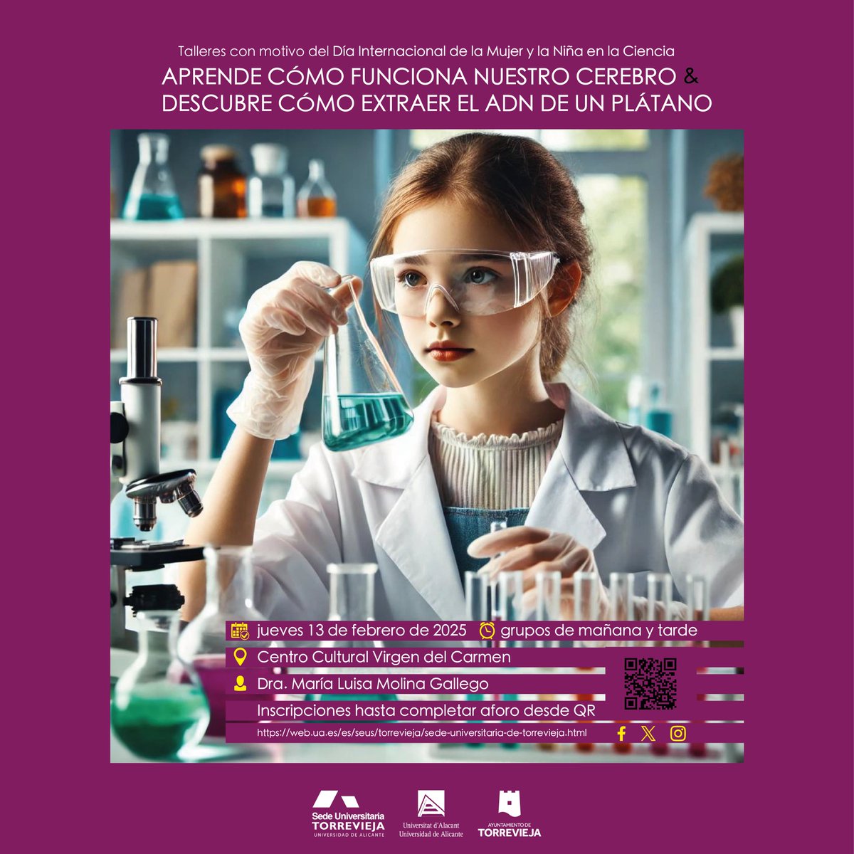 Talleres para conmemorar el “Día Internacional de la Mujer y la Niña en la Ciencia”
🗓 13/02/25
⏲ Mañana y tarde 
📍 Centro Cultural Virgen del Carmen de Torrevieja
📲 Inscripciones hasta completar aforo en goo.su/fk6i4Ii
📨 Más información en web.ua.es/es/seus/torrev…