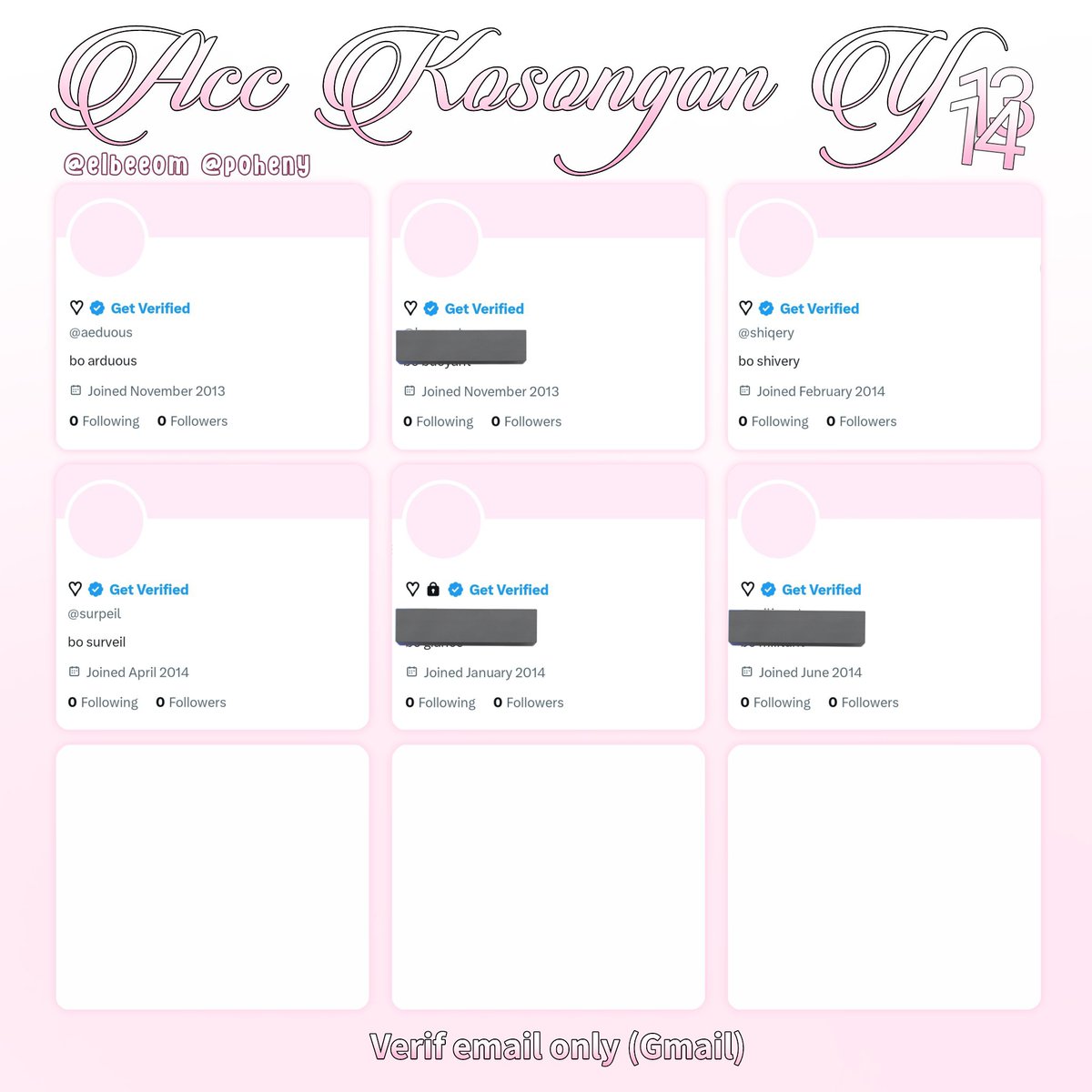poheny's tweet photo. ♡ wts acc kosongan y13 &amp; y14 ♡

ㅤㅤㅤㅤㅤ❛ 5.5OO / each

ㅤㅤ; username mulchar cantik^⁠-⁠^
ㅤㅤ; verif email only (gmail)
ㅤㅤ; dapat data lengkap
ㅤㅤ; masuk mt, ht dimainin dulu
ㅤㅤ; go green ( -ssb ganti @ )

#zonauang 3 https://t.co/NygTWqYvZj