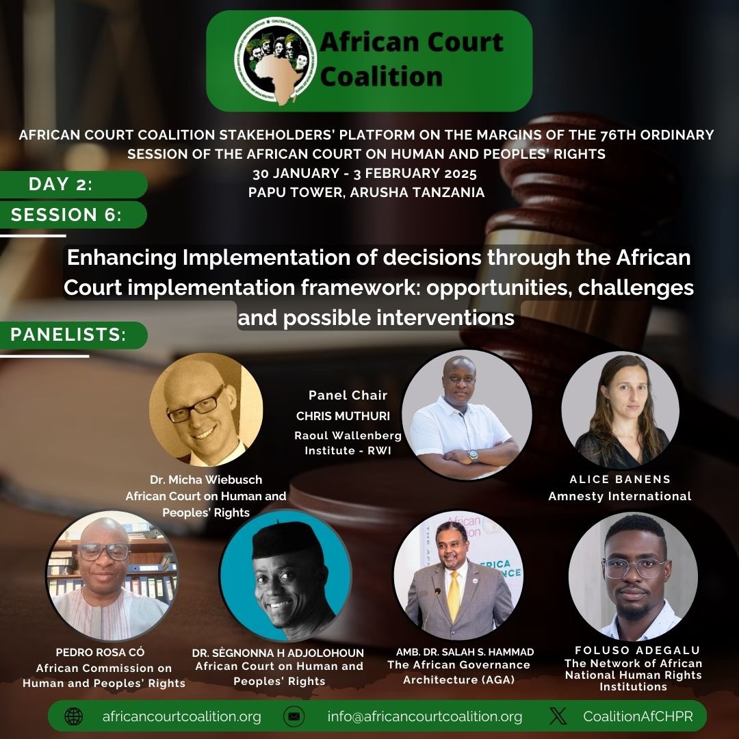 The Coalition for an Effective African Court (@coalitionafchpr) on Twitter photo Happening Now! Day Two, Session 6: Enhancing Implementation of decisions through the African Court Implementation Framework: Opportunities, challenges & possible interventions
Chaired by <a href="/ChrisMuthuri/">Chris Muthuri</a> <a href="/RWI_Nairobi/">RWI_Nairobi</a>
<a href="/court_afchpr/">African Court</a>
<a href="/AmbSalahHammad/">Amb. Salah Hammad</a> Happening Now! Day Two, Session 6: Enhancing Implementation of decisions through the African Court Implementation Framework: Opportunities, challenges & possible interventions
Chaired by <a href="/ChrisMuthuri/">Chris Muthuri</a> <a href="/RWI_Nairobi/">RWI_Nairobi</a>
<a href="/court_afchpr/">African Court</a>
<a href="/AmbSalahHammad/">Amb. Salah Hammad</a>