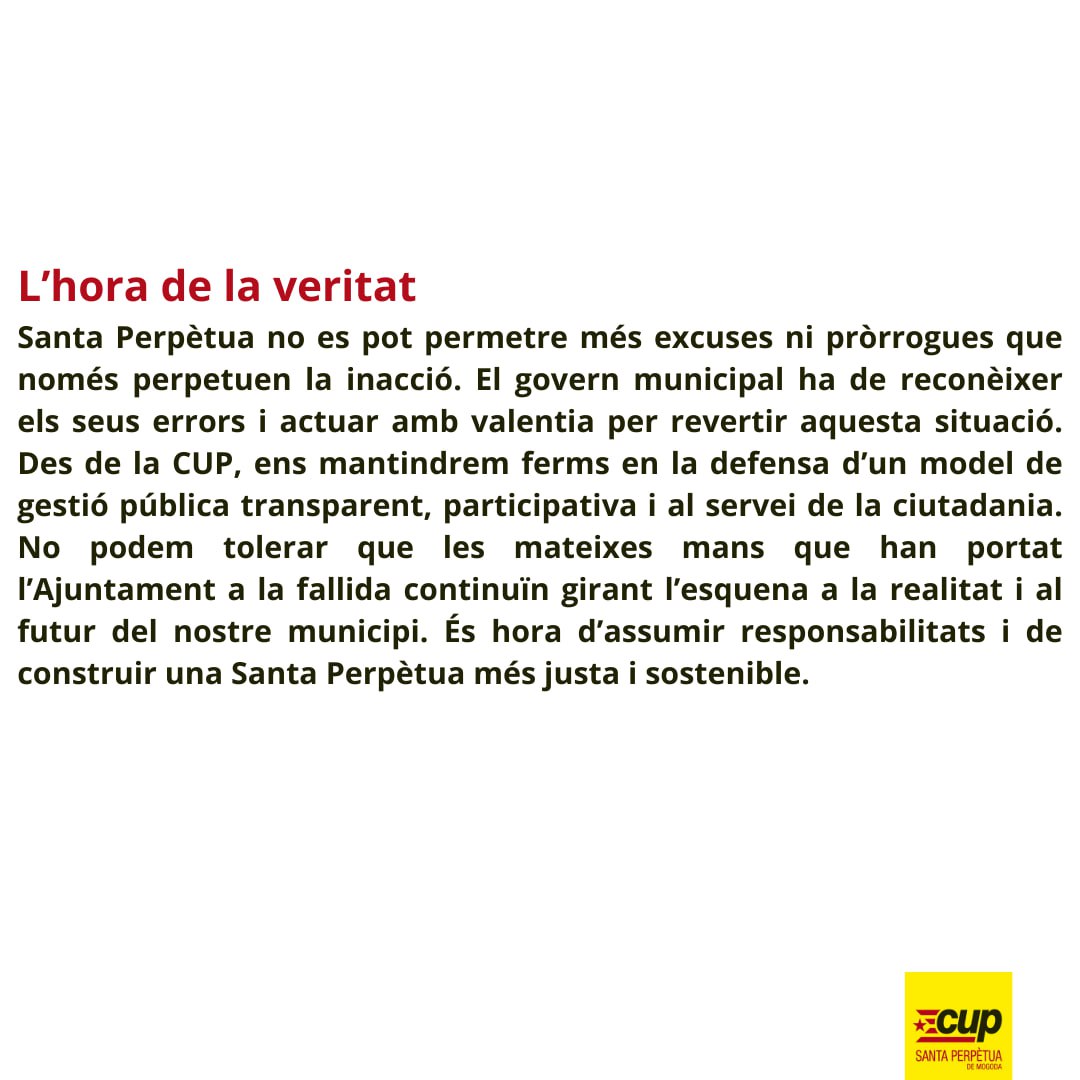 La pròrroga dels pressupostos una mostra de la mala gestió i irresponsabilitat del govern local de #santaperpetua