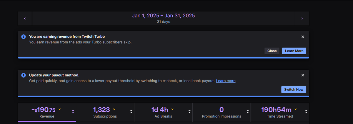 Started this month with -3800 dollar from refunds of twitch subs it looks like.  Im not getting ticket responses, does this mean im gonna get a bill instead of a paycheck this month?
<a href="/TwitchSupport/">Twitch Support</a>

LOL