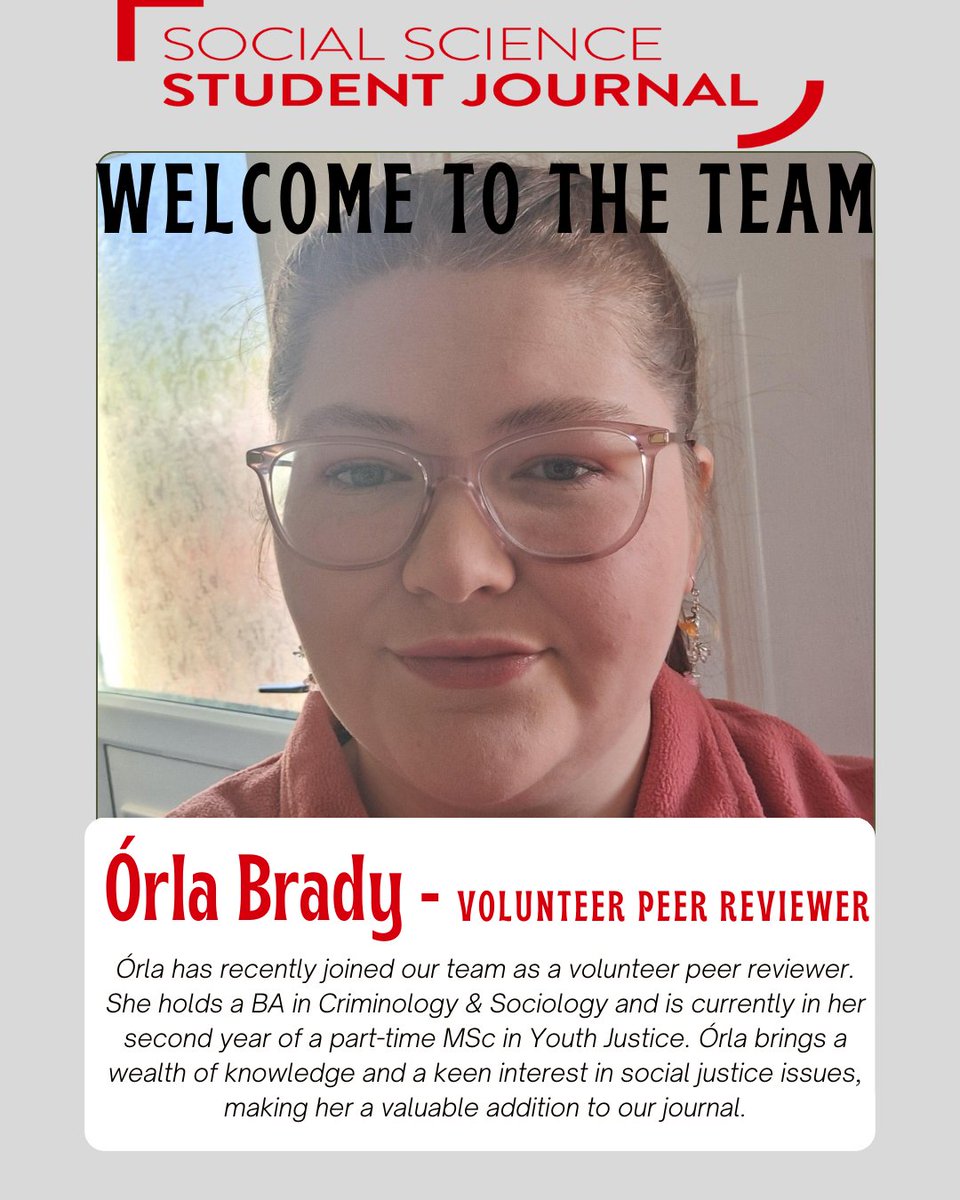 QUB Social Science Student Journal (@qub_sssj) on Twitter photo We are pleased to introduce you to Órla Brady. Órla recently joined our team as a volunteer peer reviewer. She holds a BA in Criminology & Sociology and is currently in her second year of a part-time MSc in Youth Justice. <a href="/QUBSSESW/">SSESW at Queen's</a> #SSSJ We are pleased to introduce you to Órla Brady. Órla recently joined our team as a volunteer peer reviewer. She holds a BA in Criminology & Sociology and is currently in her second year of a part-time MSc in Youth Justice. <a href="/QUBSSESW/">SSESW at Queen's</a> #SSSJ