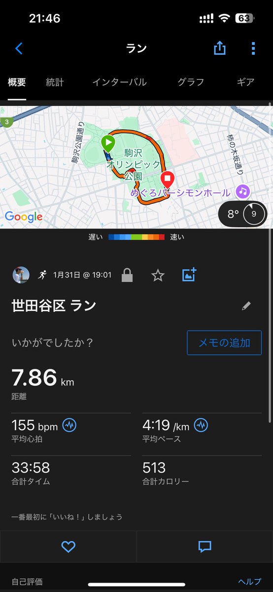 OlafRun3's tweet image. 1km×7 r=2min @駒沢公園
(Avg.3'08")
日曜日、水曜日に25km走を実施し、
中1日で今日の練習を実施。

連日の距離走を忘れるくらいに余裕を持って走れた。
あと、今月は3年ぶりに月間走行距離300kmを超えました笑