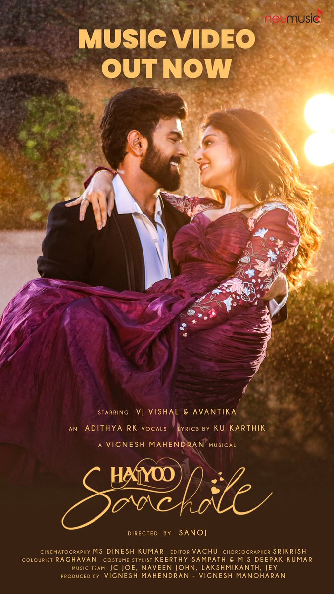 NeuMusic South (@neumusicsouth) on Twitter photo #HaiyooSaachale! Music Video Out Now !!
Thank you our dearest <a href="/gvprakash/">G.V.Prakash Kumar</a> sir for releasing ✨ youtu.be/Bzbu8jrY_n0
Starring #vjvishal #avantikamishra
Music composer: <a href="/VigneshM_offl/">Vignesh Mahendran</a>
Lyricist: <a href="/kukarthik1/">Ku Karthik</a>
Singer: <a href="/AdithyarkM/">Adithya Rk</a>
@directedbysanoj <a href="/msdinesh05/">MS_Dinesh</a> #HaiyooSaachale! Music Video Out Now !!
Thank you our dearest <a href="/gvprakash/">G.V.Prakash Kumar</a> sir for releasing ✨ youtu.be/Bzbu8jrY_n0
Starring #vjvishal #avantikamishra
Music composer: <a href="/VigneshM_offl/">Vignesh Mahendran</a>
Lyricist: <a href="/kukarthik1/">Ku Karthik</a>
Singer: <a href="/AdithyarkM/">Adithya Rk</a>
@directedbysanoj <a href="/msdinesh05/">MS_Dinesh</a>