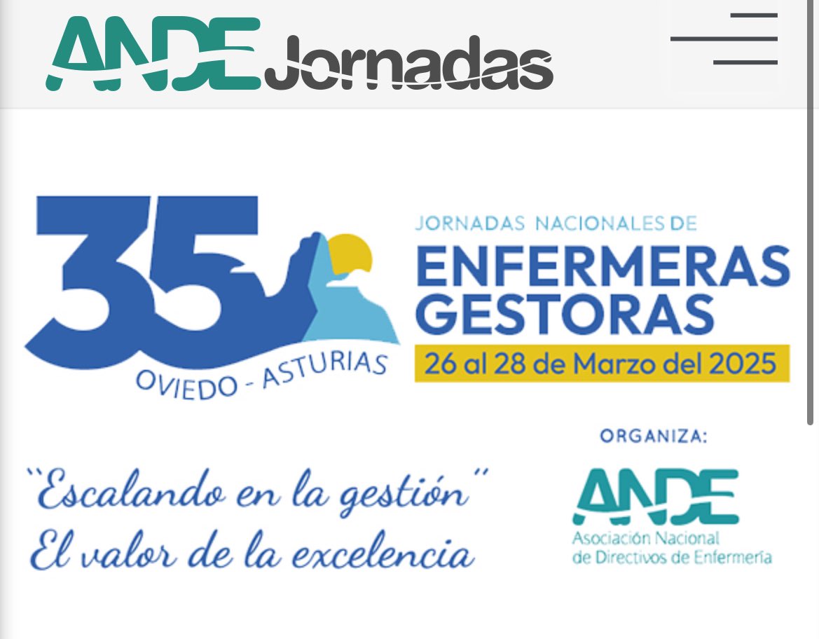 🟢🟢🟢¡AMPLIADA FECHA LÍMITE DE ENVÍO DE COMUNICACIONES! 
35 Jornadas Nacionales de Enfermeras Gestoras #35ANDE 
«Escalando en la Gestión. El valor de la excelencia" 
Oviedo, del 26 al 28 de marzo 2025 andejornadas.com/eventos/35-enf…