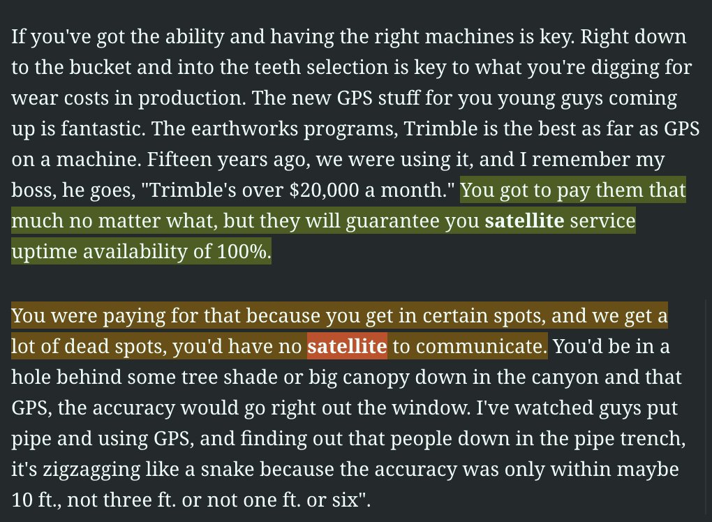Only6inches's tweet photo. $ASTS Mass excavator operator in mines talking about paying $20,000/month for GPS.

And you thought people in the field (miners, oil rigs operators) wouldn't pay $10/month per worker for wireless coverage. https://t.co/wddLoAlOBY