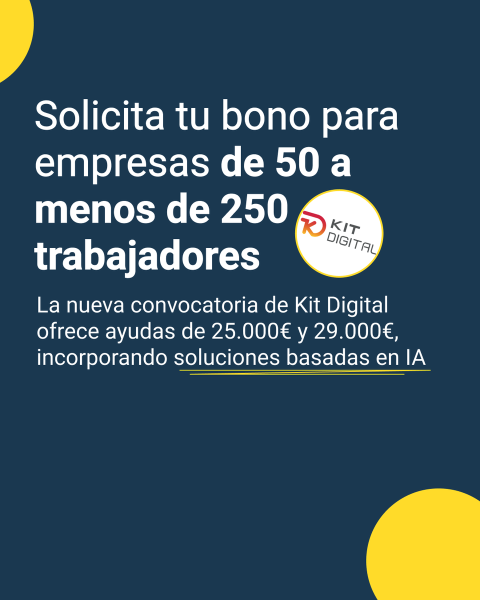💢¡Atención a medianas empresas! 

Si tienes entre 50 y menos de 250 trabajadores, ya puedes solicitar #KitDigitalMedianas de <a href="/redpuntoes/">Red.es</a>.

Bonos de 25.000€ y 29.000€, ¡ahora con soluciones de Inteligencia Artificial!

➡️Solicita antes del 30/06/2025