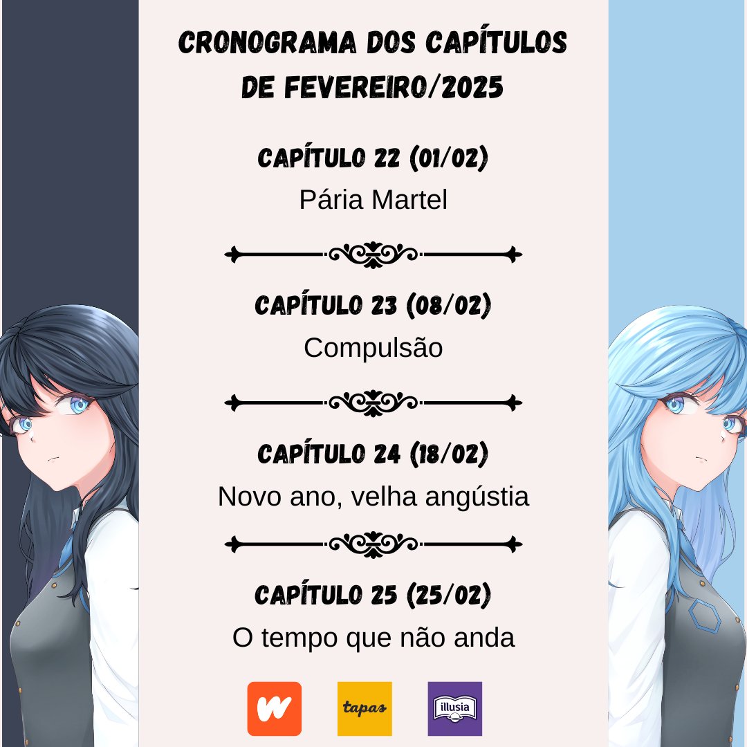 ⏳ Capítulos da minha webnovel, "Sara [e] Alana", que serão lançados no próximo mês no Wattpad, Tapas e Illusia.

A 1º temporada da história vai até o capitulo 33. 
(link na bio)