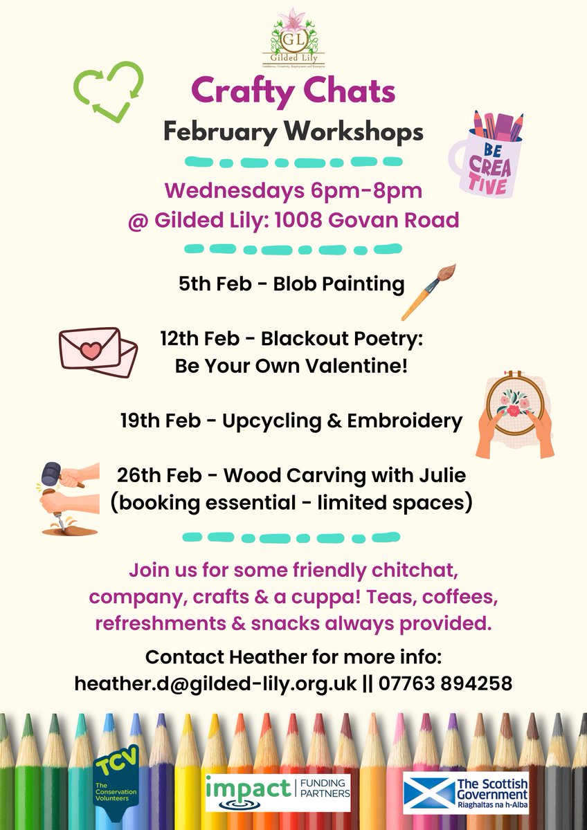 NEW Crafty Chats workshops for February 🖌💌  Our Crafty Chats run on Wednesdays 6pm-8pm at Gilded Lily &amp; are FREE for all women. Please contact Heather via email: heather.d@gilded-lily.org.uk or tel: 07763 894258 for more info
#Glasgow #crafts #WomenSupportingWomen #govan