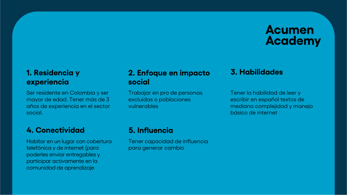 AcumenAcademy (@acumenacademy) on Twitter photo ¿Te preguntas si cumples con los requisitos para el Programa de Fellows de Acumen en Colombia? Descúbrelo aquí.
👉 hubs.la/Q0325dZY0 ¿Te preguntas si cumples con los requisitos para el Programa de Fellows de Acumen en Colombia? Descúbrelo aquí.
👉 hubs.la/Q0325dZY0