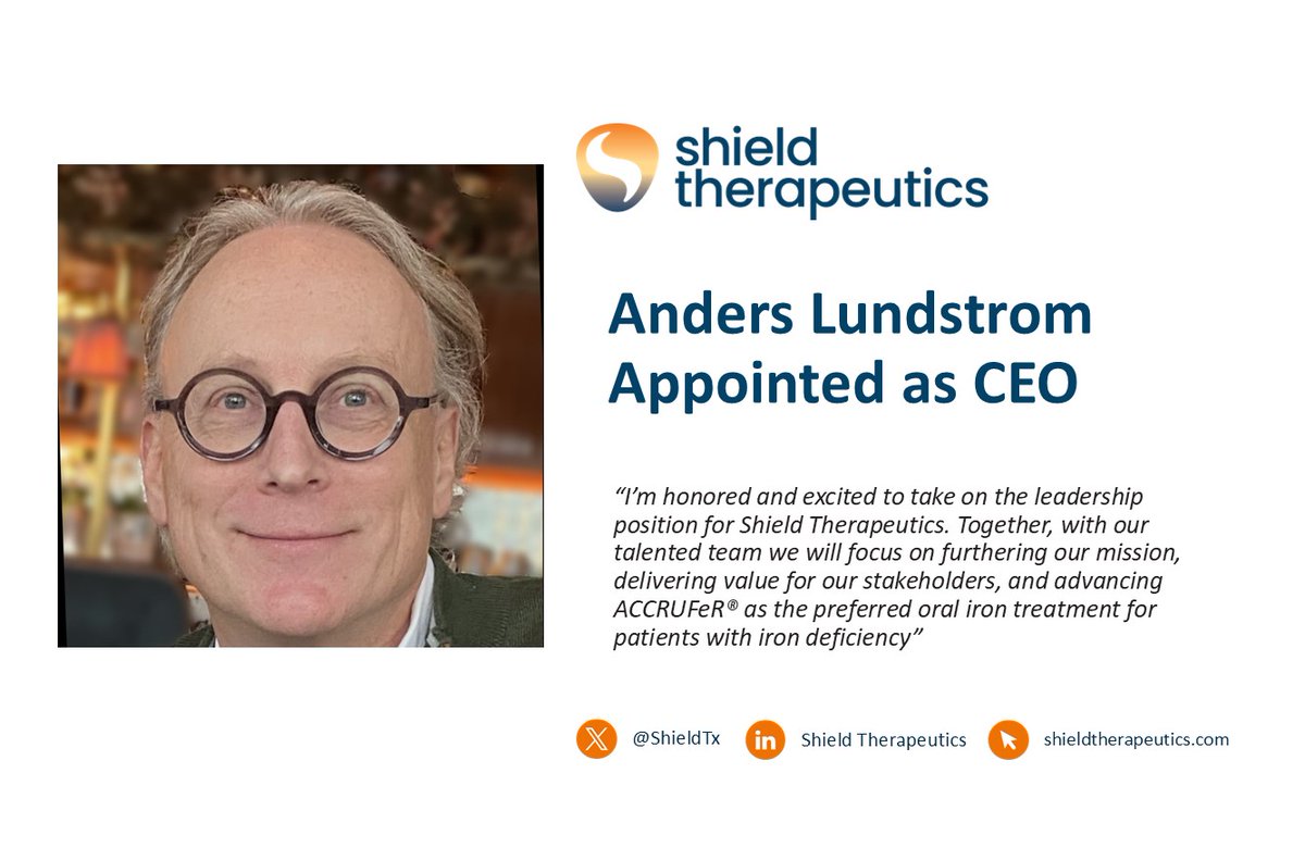 ShieldTx's tweet photo. Shield Therapeutics plc announces that Anders Lundstrom has been appointed as Chief Executive Officer (CEO) with effect from 01 February 2025. For full details see visit our website: https://t.co/xC4Mi38EBd
#STX #TeamShield https://t.co/rZVnlKDYx2