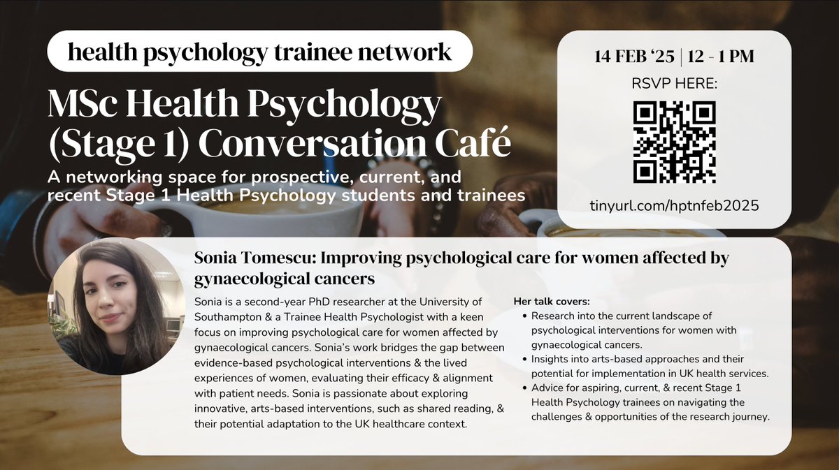 Health Psychology Trainee Network (MSc/Stage 1) (@hptn_stage1) on Twitter photo We’re keeping the momentum going with our next Conversation Café on 14th Feb with <a href="/SoniaTomescu/">Sonia Tomescu</a>! She will share insights about her work which focuses on improving psychological care for women affected by gynaecological cancers 💫 RSVP here: tinyurl.com/hptnfeb2025 We’re keeping the momentum going with our next Conversation Café on 14th Feb with <a href="/SoniaTomescu/">Sonia Tomescu</a>! She will share insights about her work which focuses on improving psychological care for women affected by gynaecological cancers 💫 RSVP here: tinyurl.com/hptnfeb2025