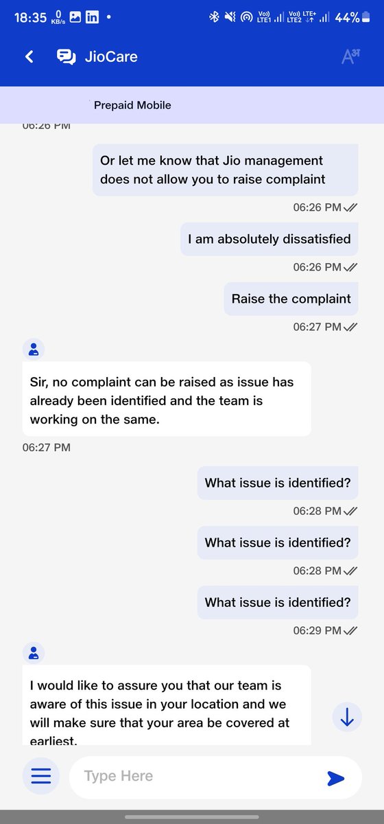 BugdePrasad's tweet photo. @JioCare Why your chat agents cannot raise a complaint? See attached chats. Absolutely dissatisfied with the chat responses. Almost feels like chatting to insult myself for using Jio. 🙁☹️☹️ https://t.co/l113ZeG5pk