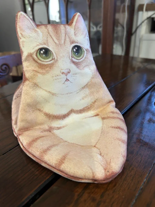 松苗あけみさんとお姉様作成の猫グッズ作成第二弾は鍋つかみですよ!モデルは何と‥何とウチのモンちゃん。#旧尾崎邸 #旧尾崎テオドラ邸 #松苗あけみ #猫 #豪徳寺 