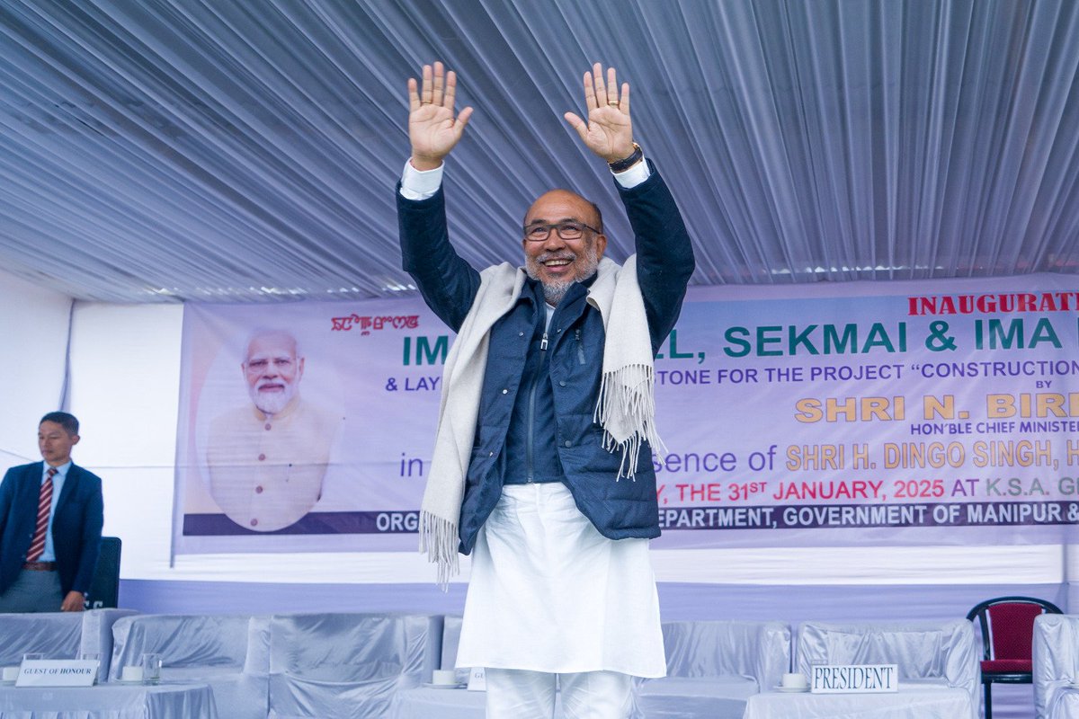 manipur_cmo's tweet photo. HON'BLE CM N BIREN SINGH INAUGURATES IMA KEITHELS AT SEKMAI AND KANGLATONGBI

Hon'ble CM N Biren Singh inaugurated Ima Keithel at Sekmai and Kanglatongbi and laid the foundation stone for construction of Type-II and Type-III Quarters at Sekmai Police Station today at solemn function held at KSA Ground, Konjengleima, Awang Sekmai today.

The Ima Keithel at Sekmai was constructed at a cost of around Rs. 8 Crore, while that of Kanglatongbi was constructed at the cost of around Rs. 5 Crore. The project cost for the construction of Type-II and Type-III Quarters is Rs. 68.7 lakh (approx.) and aims to enhance family quarters for police personnel at Sekmai Police Station.

Speaking on the occasion, Hon'ble CM stated that the people of the State had faced hardship due to the current unprecedented crisis. As such, the State Government had been putting all possible efforts to restore peace and normalcy, alongside taking up development works and welfare programmes, he said.

Hon'ble CM spoke on various citizen-centric schemes initiated by the BJP-led government, since its formation in 2017. He mentioned the Go to Hills mission and Go to Village mission, which aimed to bring equal development across the State and take the governance to far flung villages of the State.

Mentioning the successful implementation of Chief Minister-gi Hakshelgi Tengbang (CMHT) which provides cashless treatment to poor households, he informed that around 2,15,000 beneficiaries had been covered with an expenditure of Rs. 289 crores (approx.) from the state exchequer. He further informed that under the Ayushman Bharat (PMJAY) scheme, more than 3 lakhs people had been treated free of cost, expending an amount of Rs. 280 crores (approx.).

Hon'ble CM informed that the State Government had so far constructed 27 Ima Keithels across the State, as a part of Government initiatives of empowering women.

Stating that the foundation stones for the two Ima Keithel inaugurated today were laid on 7th January, 2021, he lauded the Manipur Police Housing Corporation Ltd for completing the construction work at a short span of time, without compromising the quality.

He said that a world class football ground with a gallery is under construction at Sekmai Kangjeibung with an estimated cost of around Rs. 7 crores, considering the need to attract youths in games and sports. He sought the support of the people to complete the construction soon.

He stated that the State Government had introduced an Economic Revival Mission to empower locals with skills for sustainable livelihoods. He continued that under the mission, many products are being produced substituting imports and contributing to the economy.

He appealed to women vendors to maintain cleanliness in and around the market.

The inauguration programme was attended by Ministers, MLAs and people of Sekmai AC among others.