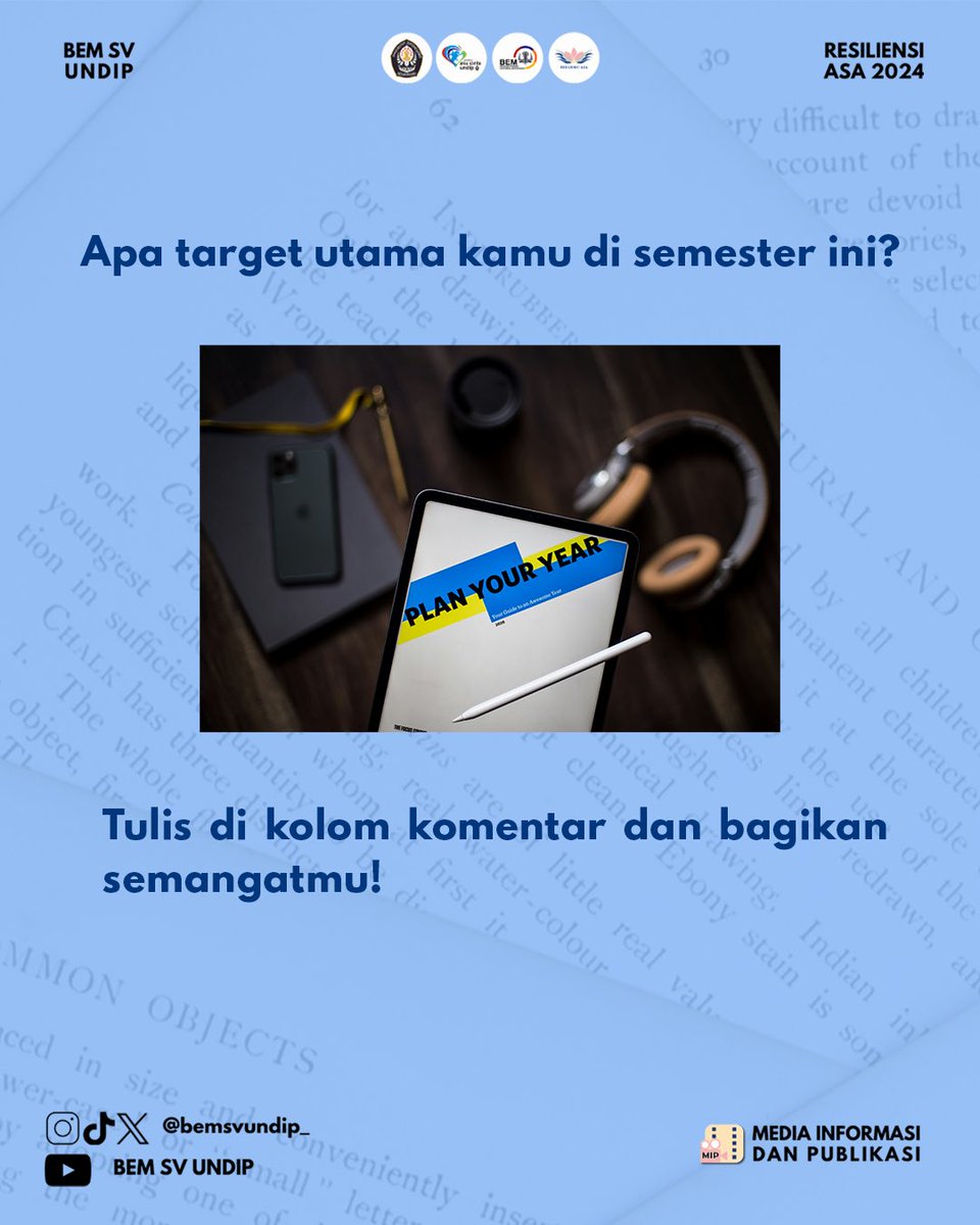 bemsvundip_'s tweet photo. Ingat, semester baru bukan sekadar lanjut kuliah, tapi juga kesempatan buat berkembang! 🌟 Yuk, mulai dengan semangat baru dan mindset positif!  

Apa targetmu di semester ini? Tulis di kolom komentar! ⬇️ https://t.co/9bzwMdCawT
