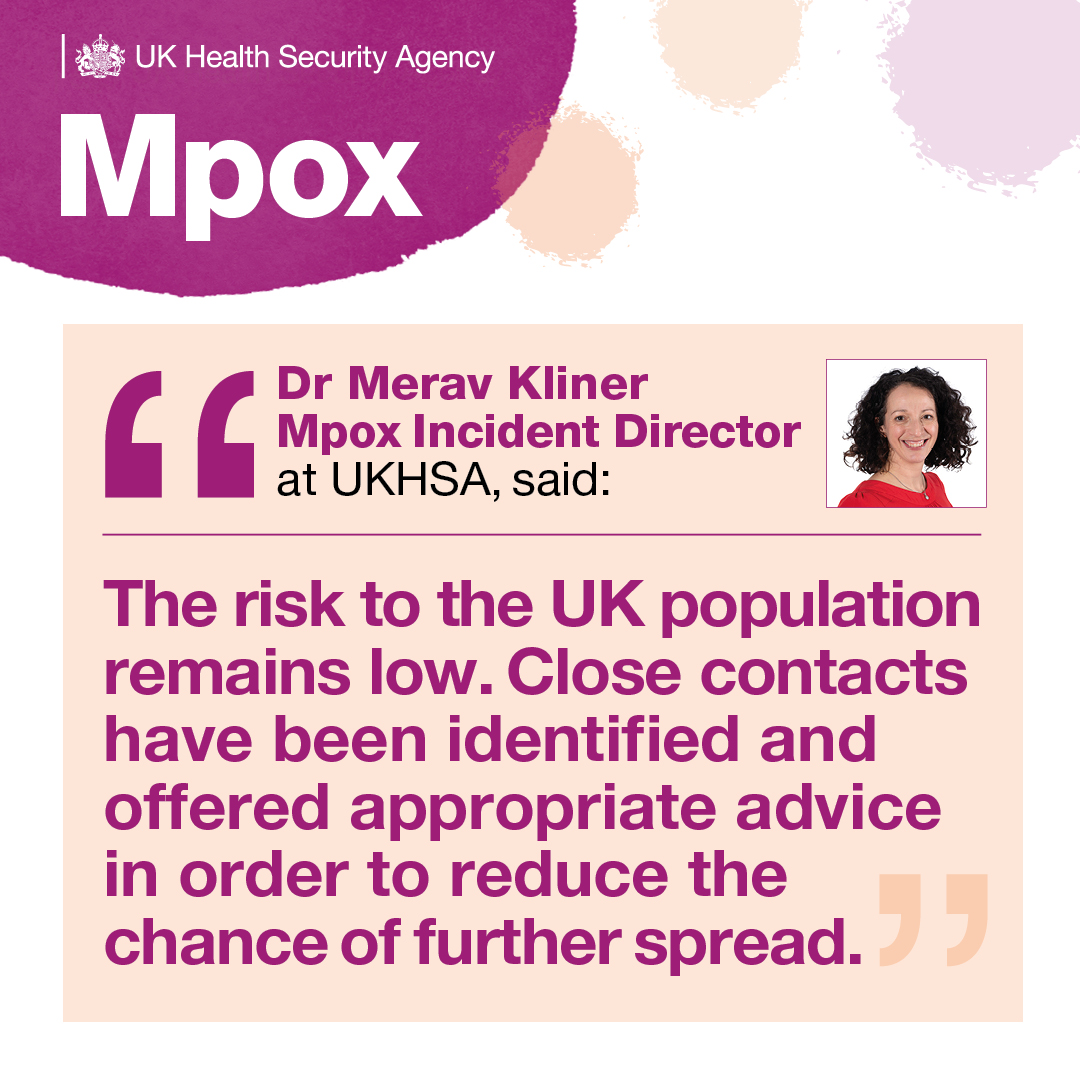 An eighth case of clade Ib mpox has been detected in the UK.  The case was found in London, in an individual who had recently travelled to Uganda. 

Read our blog post to understand the symptoms, especially if travelling to an affected country. ✈
ukhsa.blog.gov.uk/2024/08/23/mpo…