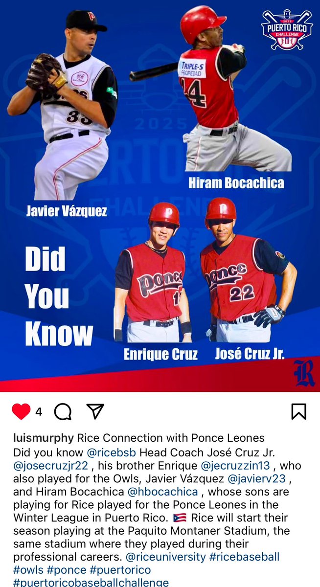 Trivia Friday!
Did you know??
Puerto Rico Baseball Challenge Tournament on Feb 14-17th! 🇵🇷 
<a href="/RiceAthletics/">Rice Athletics 👐</a> <a href="/RiceBaseball/">Rice Baseball</a> <a href="/CruzBaseball/">Cruz Baseball</a> <a href="/cruz22/">Jose Cruz, Jr.</a> <a href="/JavyVazquez23/">Javy Vazquez</a> <a href="/LaBoca55/">Hiram Bocachica</a> 
Leones De Ponce <a href="/PonceLeonesBB/">Leones de Ponce⚾🦁</a> <a href="/LuisMurphy/">Luis Murphy</a>