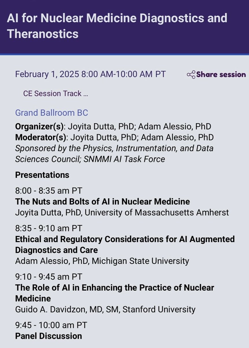 Joyita Dutta (@joyitadutta) on Twitter photo Excited to host the <a href="/SNMMI_PIDSC/">SNMMI PIDSC</a> <a href="/SNM_MI/">SNMMI</a> #MWM session on “AI for Nuclear Medicine Diagnostics & Theranostics” at 8AM tomorrow at with Adam Alessio & <a href="/beingDrGuido/">Guido A. Davidzon</a>! Join us for insightful discussions on the future of #AI in #NuclearMedicine. See you there!
tinyurl.com/snmmi25-ai Excited to host the <a href="/SNMMI_PIDSC/">SNMMI PIDSC</a> <a href="/SNM_MI/">SNMMI</a> #MWM session on “AI for Nuclear Medicine Diagnostics & Theranostics” at 8AM tomorrow at with Adam Alessio & <a href="/beingDrGuido/">Guido A. Davidzon</a>! Join us for insightful discussions on the future of #AI in #NuclearMedicine. See you there!
tinyurl.com/snmmi25-ai