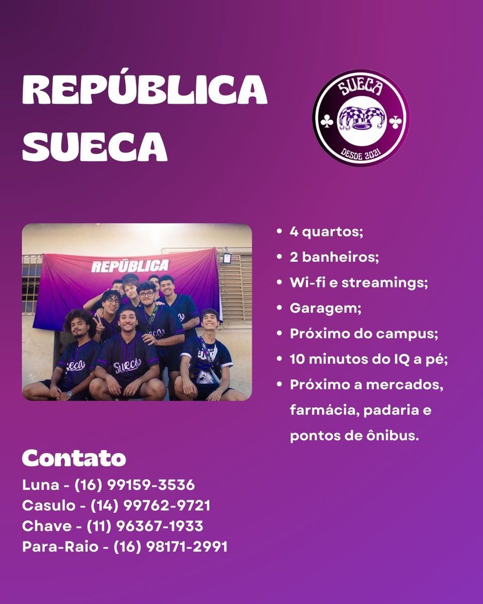 Repsueca's tweet image. PARABÉNS PELA APROVAÇÃO!!! tá procurando um lugar pra morar??? venha visitar a República Sueca para passar os seus melhores anos da faculdade 💜💜💜