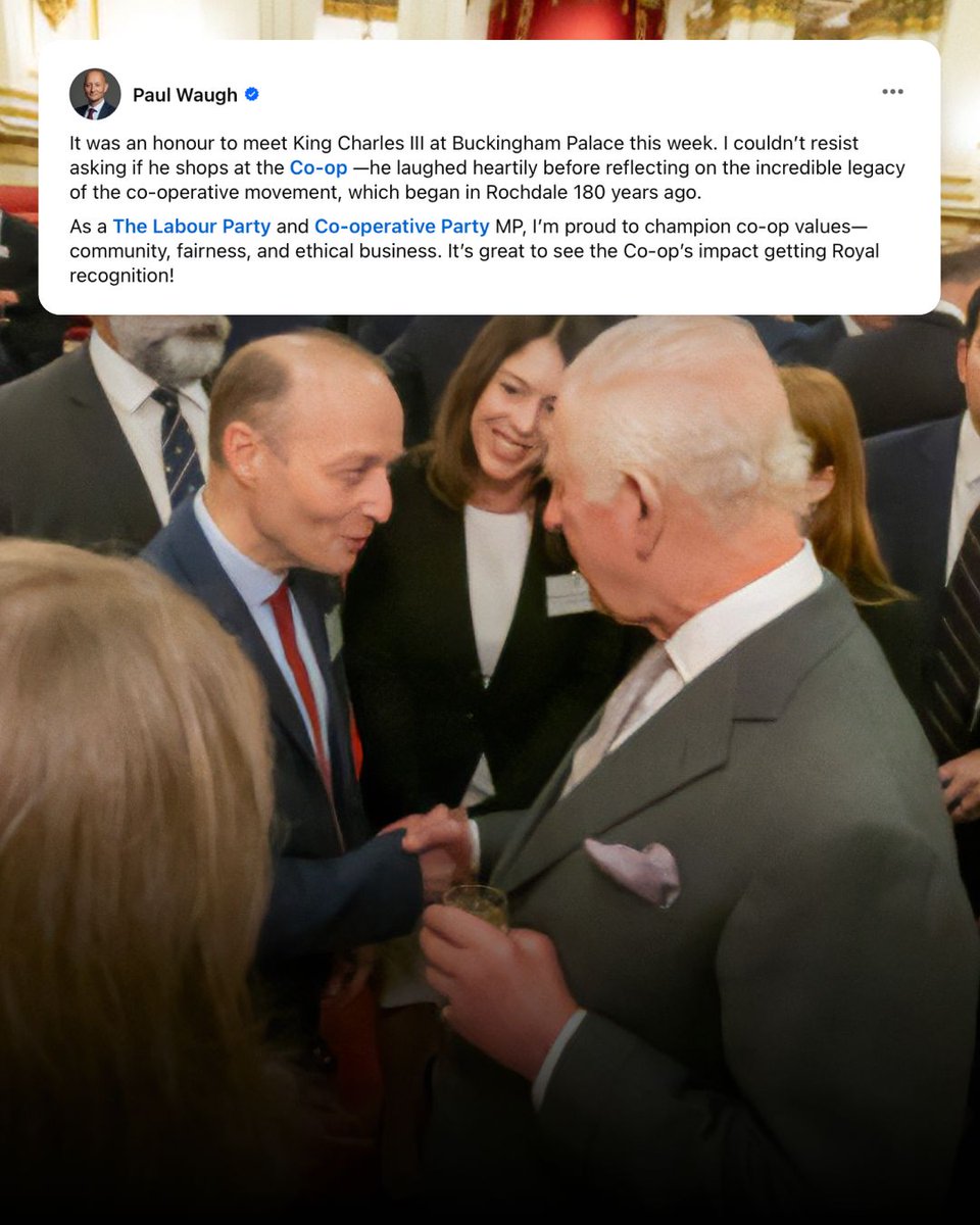Co-operative Party (@coopparty) on Twitter photo 'A movement that began in Rochdale 180 years ago' - Co-operative MP <a href="/PaulWaugh/">Paul Waugh MP</a> discussing co-operation with King Charles III at Buckingham Palace this week.
We're proud of the co-operative tradition we come from. 'A movement that began in Rochdale 180 years ago' - Co-operative MP <a href="/PaulWaugh/">Paul Waugh MP</a> discussing co-operation with King Charles III at Buckingham Palace this week.
We're proud of the co-operative tradition we come from.