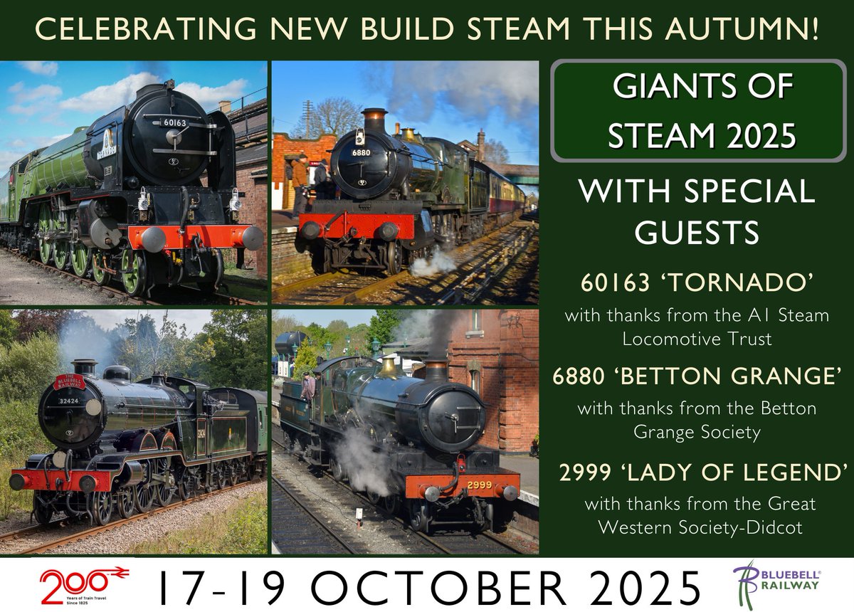 📢Event Announcement!📢

We are delighted to announce a very special Giants event this Autumn at our railway, with three fantastic guests confirmed to take part, celebrating new build steam.

Keep an eye on our socials and website and keep the 17-19 October free in your diaries!