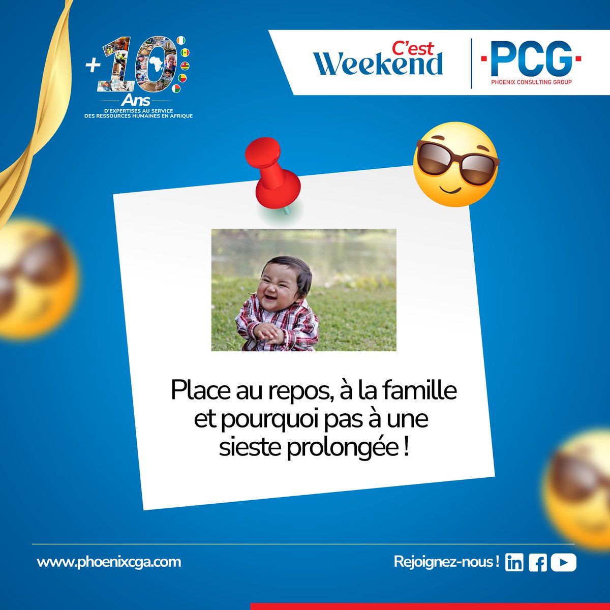 ci_phoenix's tweet photo. Après une semaine bien remplie, place au repos et aux moments en famille. Que ce soit une sortie, un bon repas ou juste du temps pour soi, profitez-en pleinement !
#CestLeWeekend #PCGAfrica #10ansPCGAfrique #Famille #Repos #ÉquilibreVieProPerso https://t.co/6urYWvoSnD