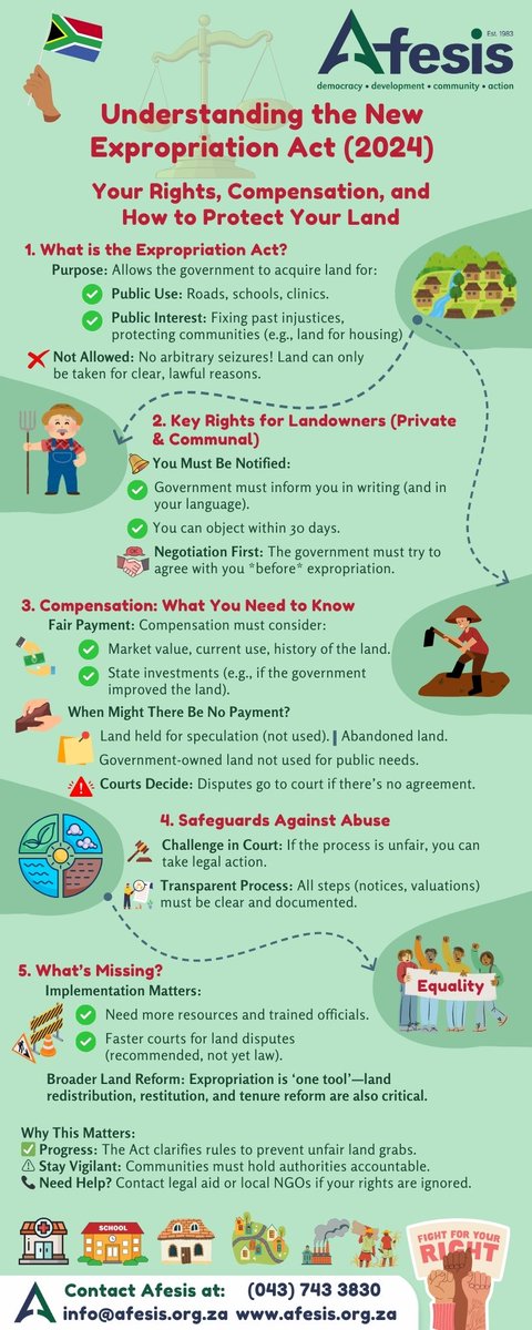 LAND EXPROPRIATION: WHAT YOU NEED TO KNOW! 

The #ExpropriationAct2024 is here, and EVERYONE has an opinion. But do YOU know the facts? 

Here’s a simplified infographic:

What’s your biggest question about land expropriation? Let’s talk. 👇🏾
 #LandReform #LandRights