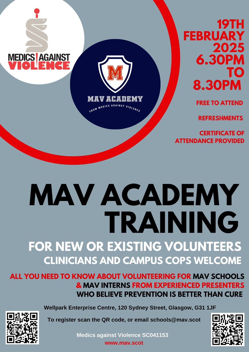 Training coming up for our award winning MAV Academy programme that takes clinicians into schools in Scotland to speak to young people about the consequences of violence &amp; many other things 

Please sign up if interested. Open to campus cops and teachers too. Online and F2F.