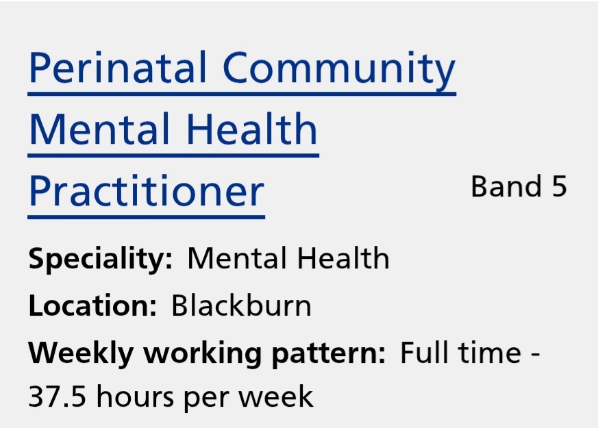 We have an band 5 OT mental health practitioner vacancy, based at Blackburn. Apply early ! 
Fabulous team in the speciality of #Perinatal mental health.
<a href="/central_SPCMHT/">LSCFT Central and West Perinatal Team</a> <a href="/NorthPerinatal/">LSCFT North Perinatal</a> <a href="/WeAreLSCFT/">Lancashire & South Cumbria NHS Foundation Trust</a> 
#OTjobs <a href="/Kate43758656/">Currently withdrawn</a>