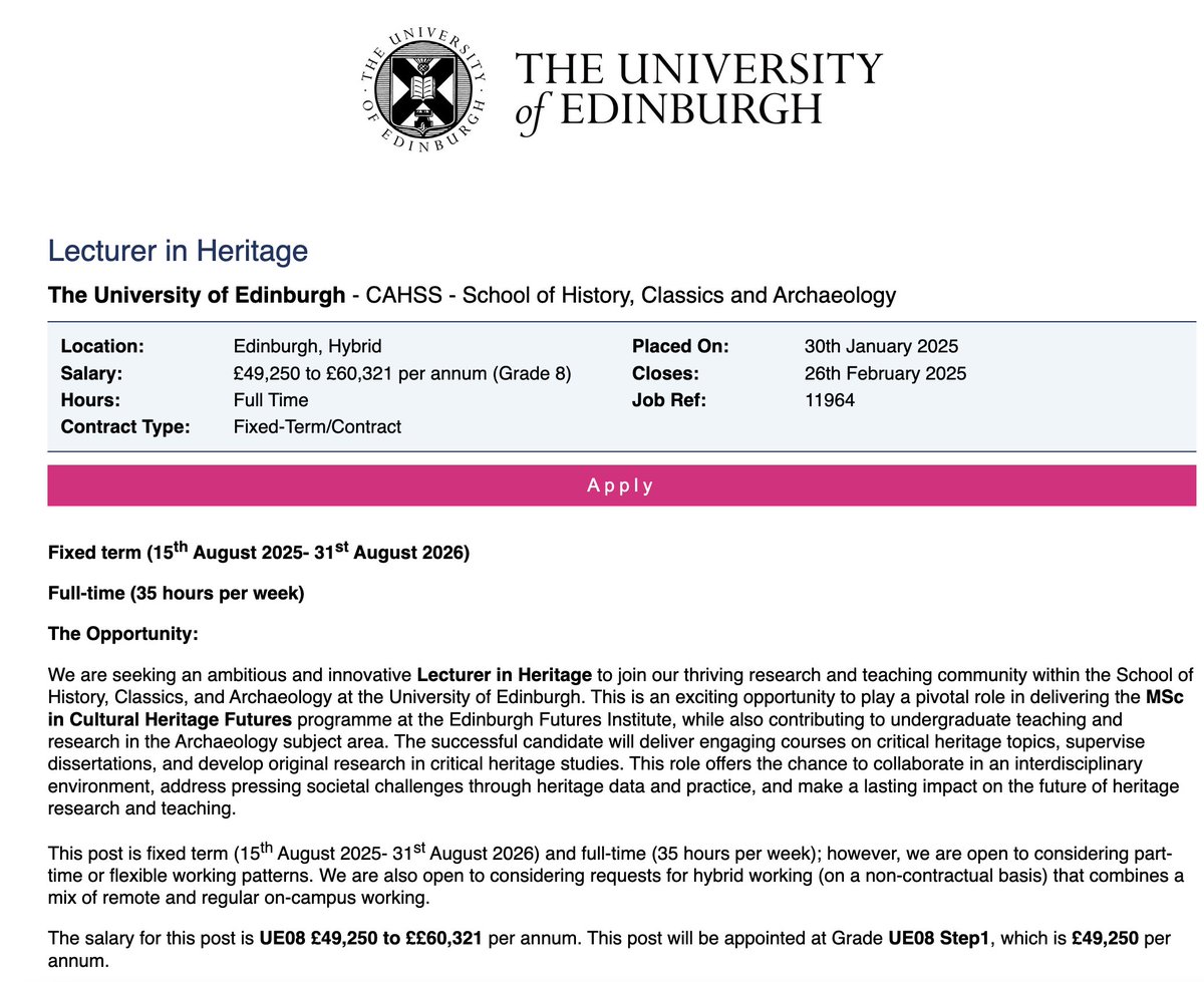 Chiara Bonacchi (@chiara_bonacchi) on Twitter photo 🚨 JOB ALERT 🚨 LECTURER IN HERITAGE 🚨 DEADLINE 26 FEB 2025🚨
We are recruiting a *Lecturer in Heritage* (1 year, FT), on a 40(research)-40(teaching)-20(admin) contract. You will work with my wonderful colleagues, in <a href="/EdinArch/">Edinburgh Archaeology</a> <a href="/HCAatEdinburgh/">HCAatEdinburgh</a> & <a href="/UoE_EFI/">Edinburgh Futures Institute</a>! shorturl.at/PjRRs 🚨 JOB ALERT 🚨 LECTURER IN HERITAGE 🚨 DEADLINE 26 FEB 2025🚨
We are recruiting a *Lecturer in Heritage* (1 year, FT), on a 40(research)-40(teaching)-20(admin) contract. You will work with my wonderful colleagues, in <a href="/EdinArch/">Edinburgh Archaeology</a> <a href="/HCAatEdinburgh/">HCAatEdinburgh</a> & <a href="/UoE_EFI/">Edinburgh Futures Institute</a>! shorturl.at/PjRRs