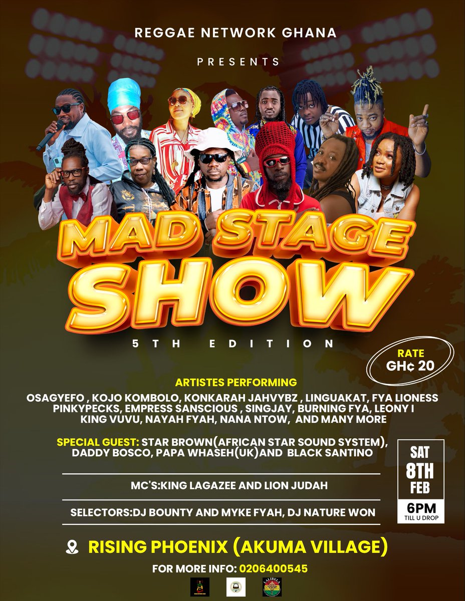 MAD STAGE SHOW.
SATURDAY 8TH FEBRUARY 
@AKUMA VILLAGE FROM 6PM TILL U DROP 🔥🔥🔥🇬🇭❤💚💛