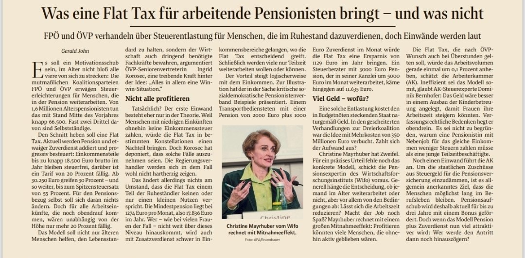 Dominik Bernhofer (@dbernhofer) on Twitter photo Schöner Überblick über d Probleme einer Flat Tax für Arbeiten ab 65 <a href="/derStandardat/">DER STANDARD</a>:
- Bringt arbeitsmarktpolitisch wenig bis nix
- Ist verfassungsrechtlich bedenklich und verteilungspolitisch problematisch
- Setzt Anreize früher in Pension zu gehen
We can do better than that 🙏 Schöner Überblick über d Probleme einer Flat Tax für Arbeiten ab 65 <a href="/derStandardat/">DER STANDARD</a>:
- Bringt arbeitsmarktpolitisch wenig bis nix
- Ist verfassungsrechtlich bedenklich und verteilungspolitisch problematisch
- Setzt Anreize früher in Pension zu gehen
We can do better than that 🙏