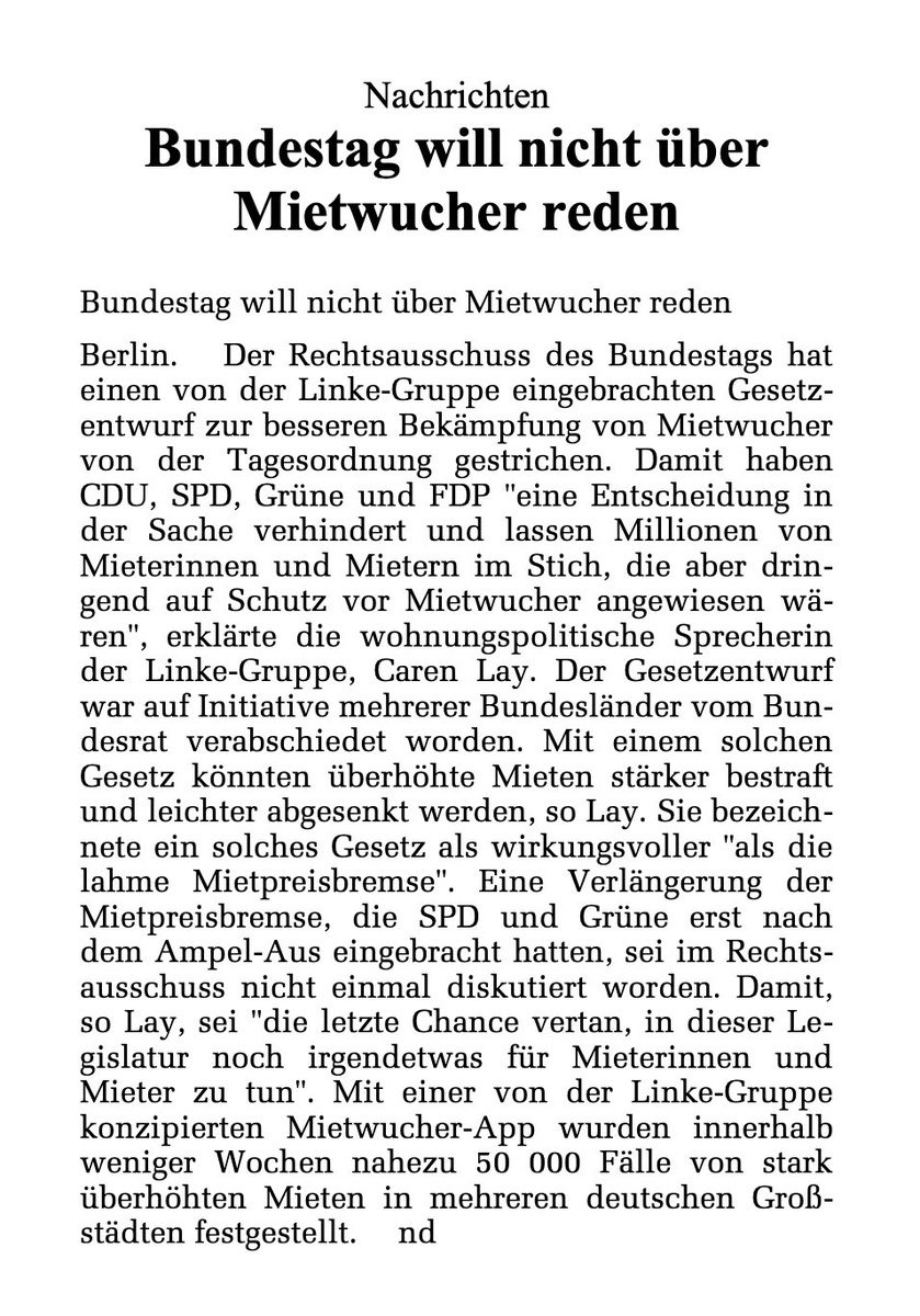 Unfassbar. In der gestrigen Sitzung des Rechtsausschusses im Bundestag haben CDU, SPD, Grüne und FDP den Gesetzentwurf zur besseren Bekämpfung von Mietwucher von der Tagesordnung abgesetzt und die Entscheidung darüber verhindert. (1/5)

via <a href="/ndaktuell/">nd.Aktuell</a> 👇