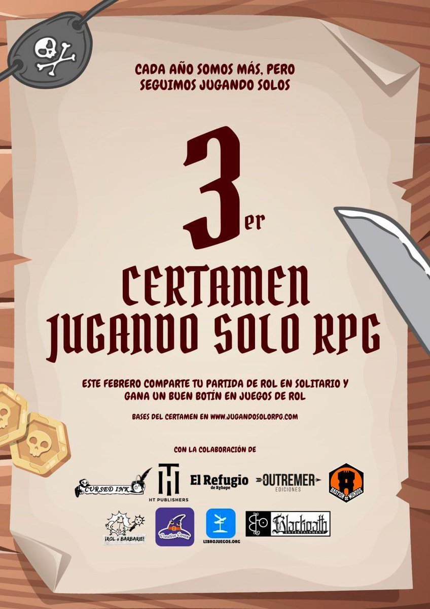 🎲 ¡Llega el III Certamen de Jugando Solo RPG! 

✏️ Participa y gana PDFs gratis o juegos físicos de @RefugioRol, <a href="/HTPublishers/">HT Publishers</a>, @CursedInkEd, <a href="/BastionDMundos/">Bastión De Mundos 🎲🎲🎲</a>  y @OutremerEd.
 👉 Únete: jugandosolorpg.com/iii-certamen-j… 
#certamensolorpg2025 #lodelrol  #rolenespañol #rolsolo #rolentuidioma