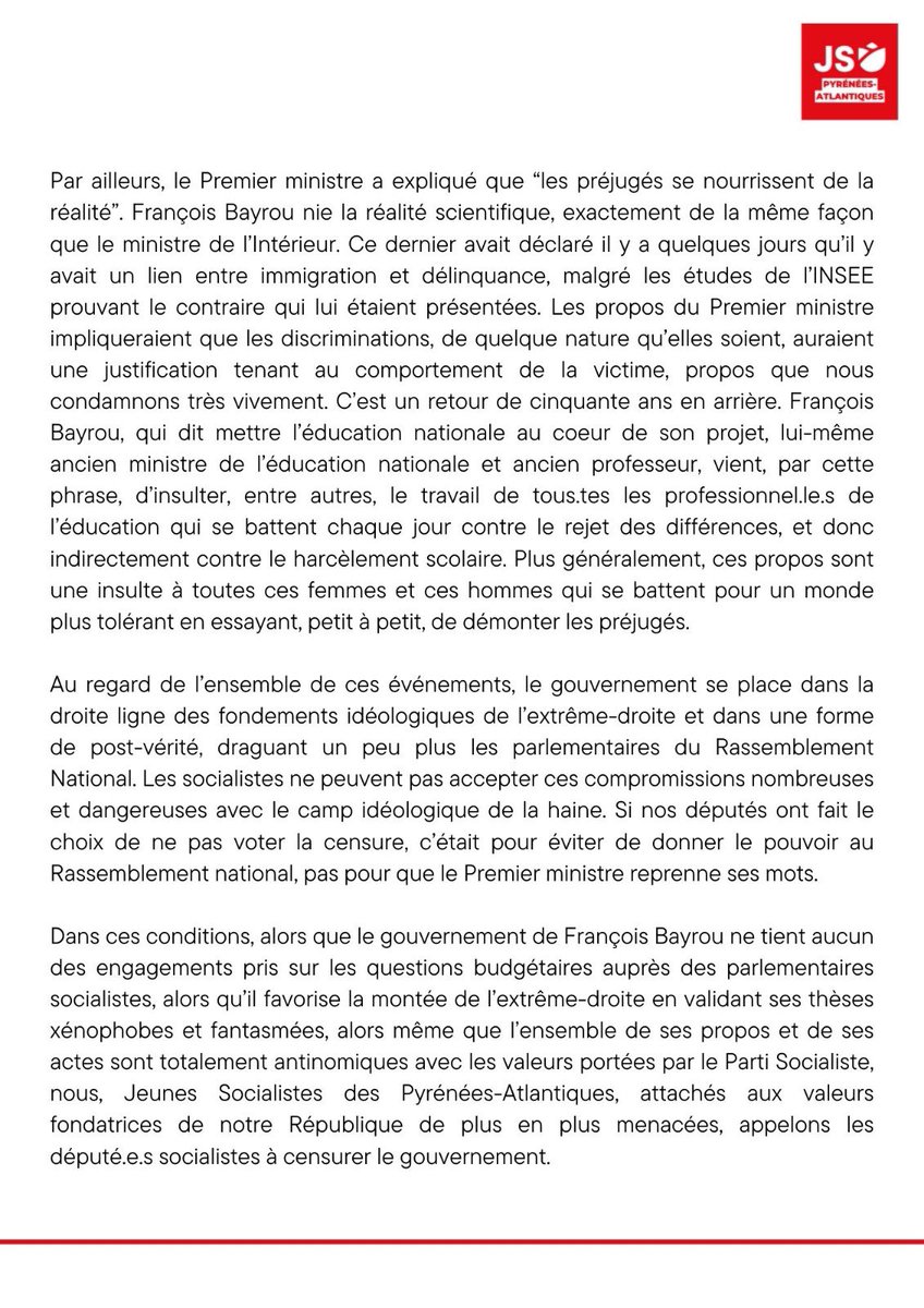 ❌Après l’utilisation inacceptable des termes « submersion migratoire » par le Premier ministre, les Jeunes Socialistes 64 appellent à censurer le gouvernement.
#censure 

Retrouvez notre texte ici ⤵️