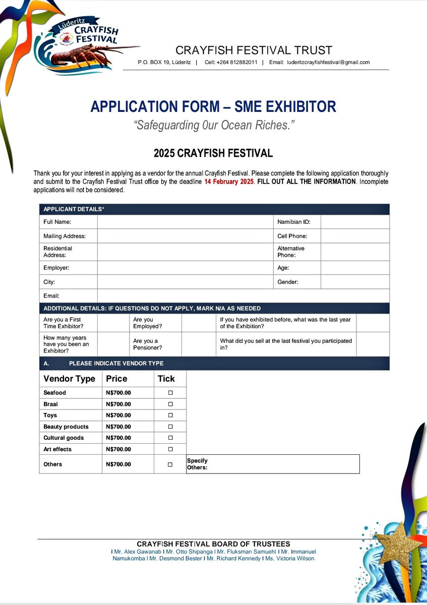 LuderitzCF2023's tweet photo. SME Exhibitor Applications Now Open

Dear Valued Stakeholders,

We are pleased to announce that the application process for SME exhibitors has officially begun. Application forms are now available at the Lüderitz Crayfish Festival Trust Office, located on the second floor. https://t.co/kKiSUkegzT