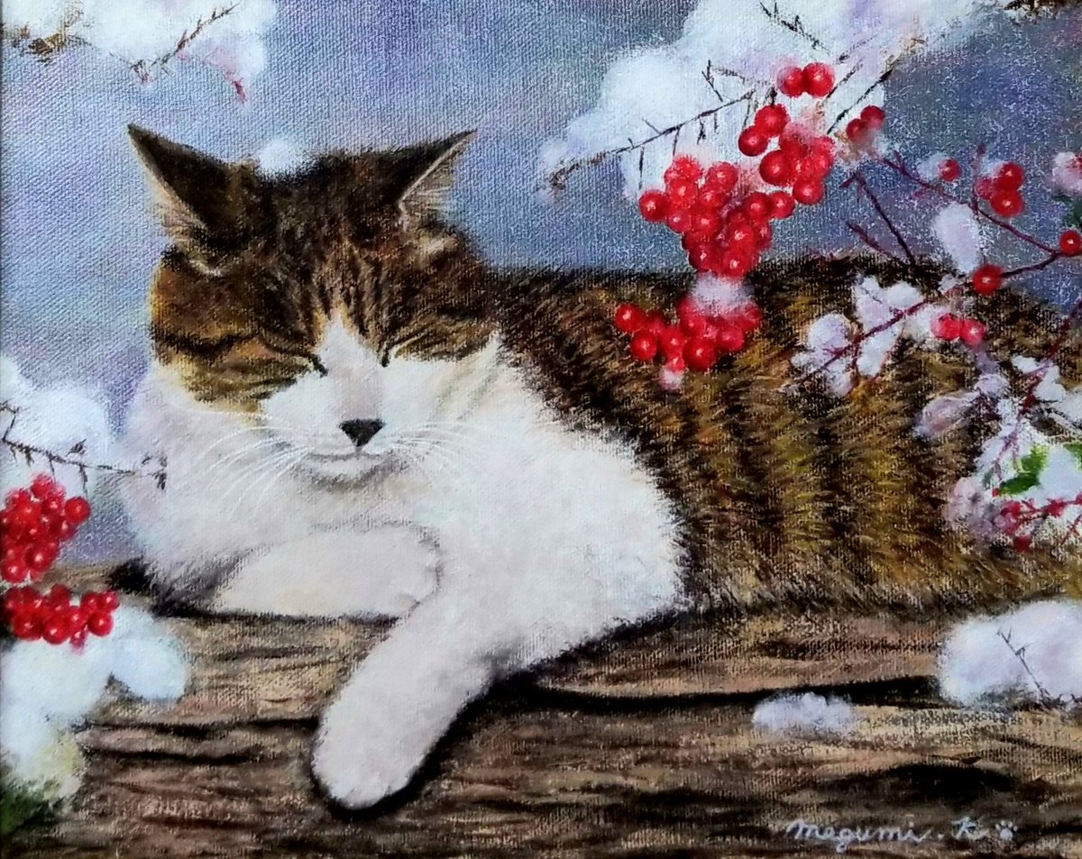 【原画】アクリル画「至福の冬の果実の重み」青い瞳の猫　F4サイズ アクリル画 昨冬にたった一度だけ降った雪を慌てて撮影して、何とか絵にしました