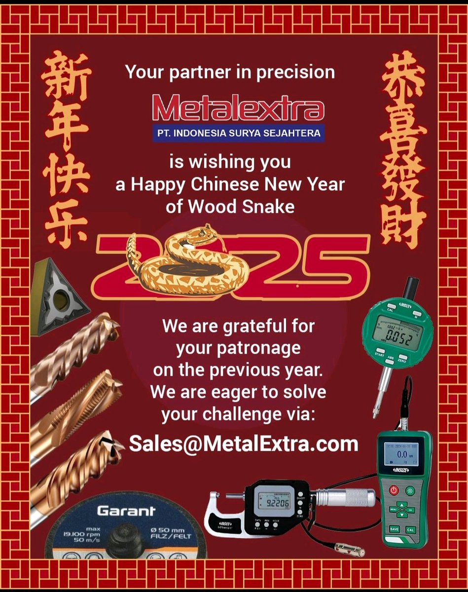 metalextra's tweet photo. Our team at Metalextra to yours!
Wishing you a Happy Chinese New Year of Wood Snake!
sales@metalextra.com
https://t.co/65skkFRUHl
#metalextra #insize #cny2025 #china #imlek #cuttingtool #Dormerpramet #cny #caliper #metric #metalworking #measuring #metal #CNC #indonesia #batam https://t.co/V57TxJkYIw