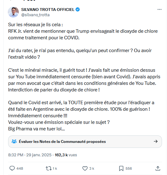 Il suffirait que les pires désinformateurs et charlatans utilisent vraiment les saloperies qu'ils préconisent (comme le dioxyde de chlore en médicament) pour que nous en soyons débarrassés.

Leurs mensonges tuent, pourtant nous devons continuer à ne pas souhaiter leur mort.