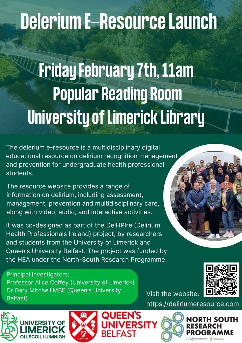 The DelHPIre (Delirium Health Professionals Ireland) project is launching its multidisciplinary e-resource on delirium recognition, management and prevention for health professional students, which was co-designed by researchers and students.
Register: forms.office.com/e/CDJnH8H50E