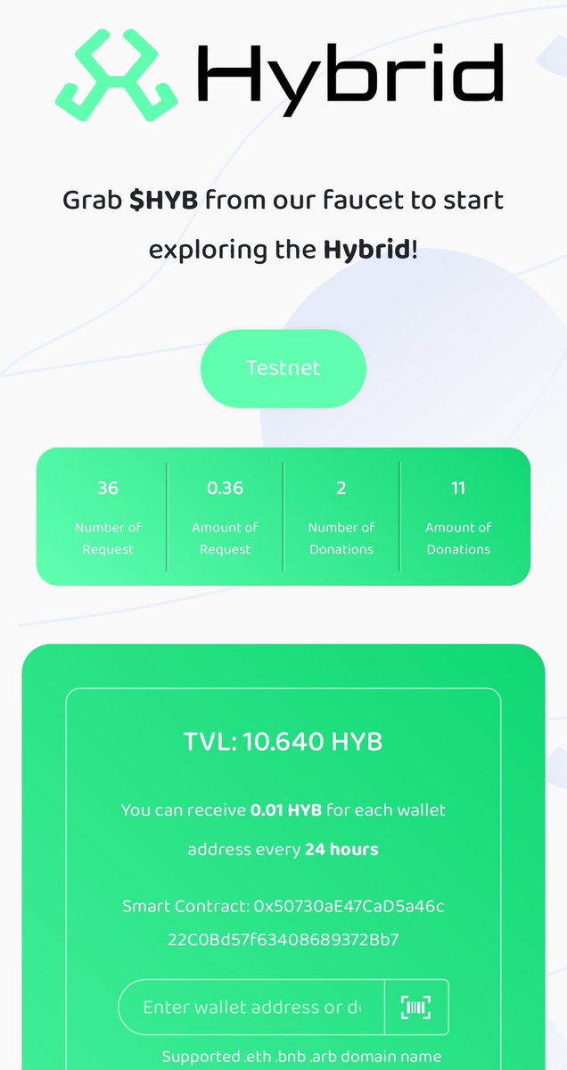🔥 Need $HYB for testing or development?  

🚀 <a href="/BuildOnHybrid/">Hybrid</a> #Testnet is live on <a href="/chains_tools/">Chains.tools 🛠️ All-in-one crypto toolbox</a>! Claim #HYB easily.  

Start here: chains.tools/faucet/hybrid  

#Blockchain #Crypto #Web3 #Hybird