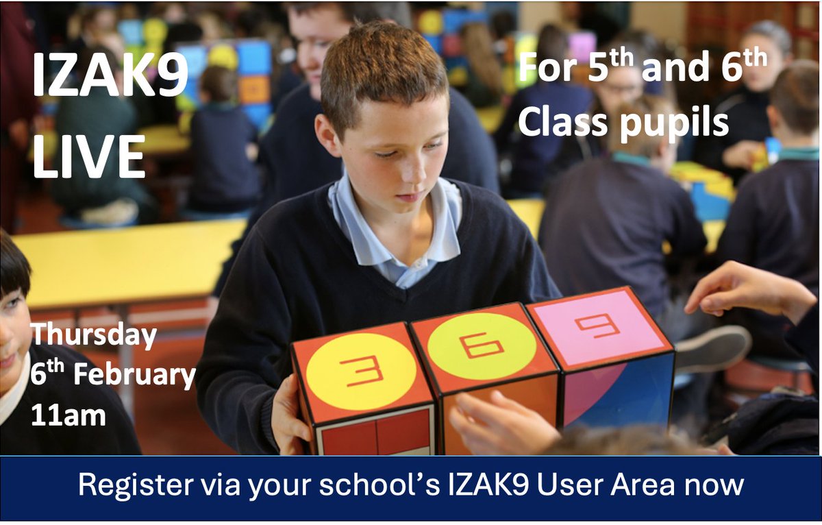 First IZAK9 LIVE event to really kickstart the new year for 5th/ 6th Class. These pupils use their own cubes in their own classroom with live facilitation from the IZAK9 Maths Team. Register now via your school's User Area. Free for all Users! <a href="/ESCItweets/">ESCI</a> <a href="/OidePrimarySTEM/">Oide Primary STEM</a>