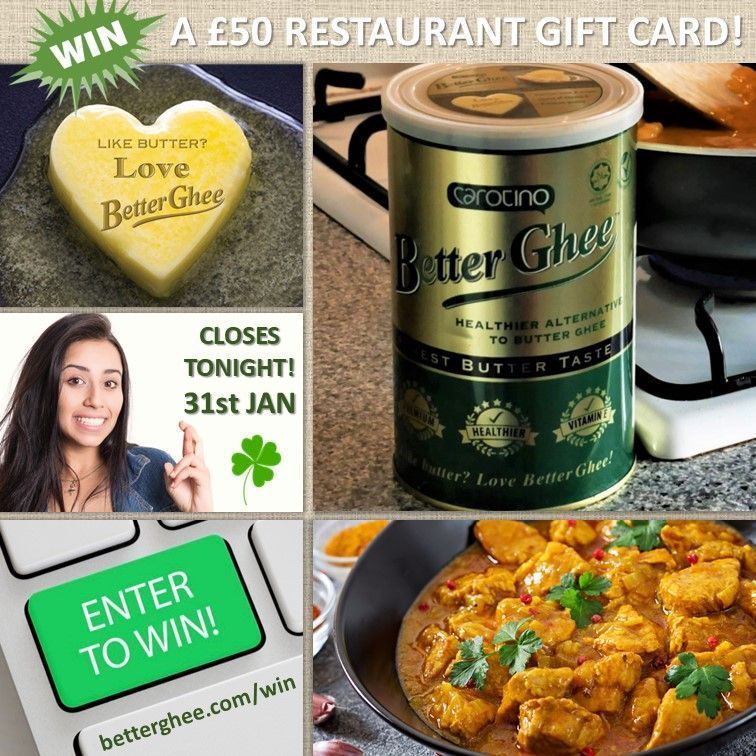 BetterGhee's tweet photo. Midnight tonight is the last chance to enter our #competition to #win a £50 restaurant gift card with cholesterol-free Carotino BetterGhee, the healthier, low cost butter ghee alternative! Don't miss out! https://t.co/P2HIiNAi5D #giveaway #giveawayalert #prizes #competitiontime https://t.co/p23kx3H4rI